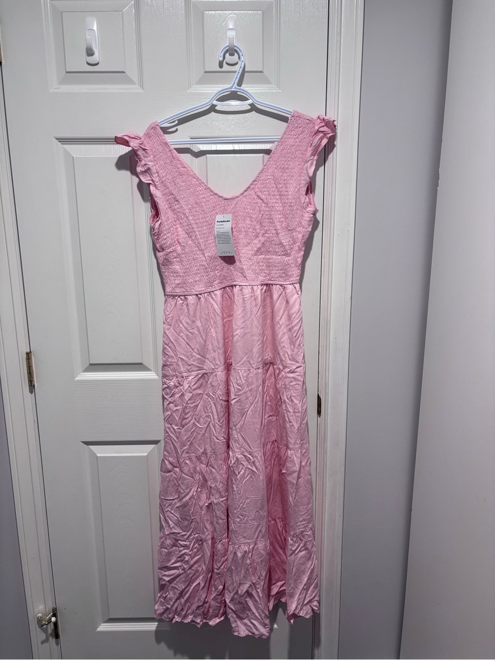 Light Pink Smocked Bodice Midi Dress with Flutter Shoulders